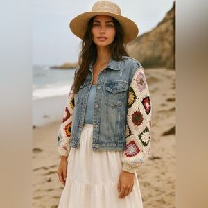 New! The “Ruby” Patchwork Granny Square Crochet Distressed Denim Boho Jacket